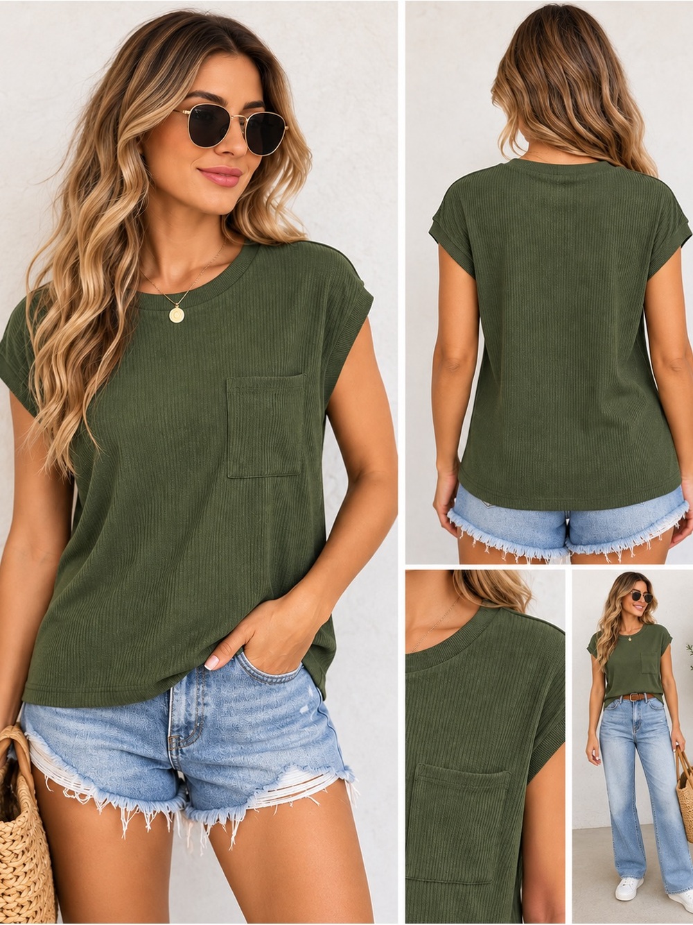 Olive Green Ribbed Pocket Cap Sleeve Top XL NWT